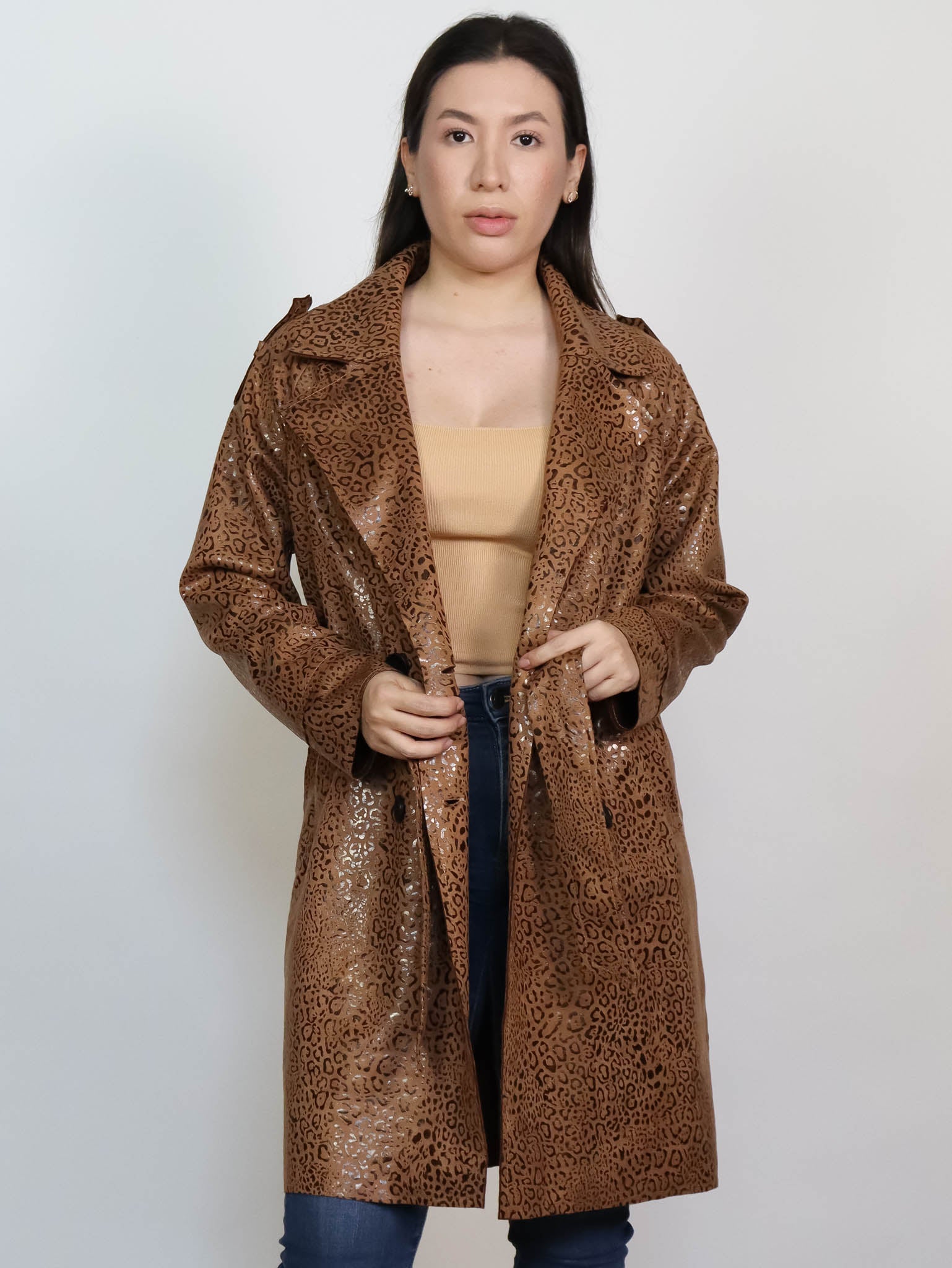 Gabardina camel animal print